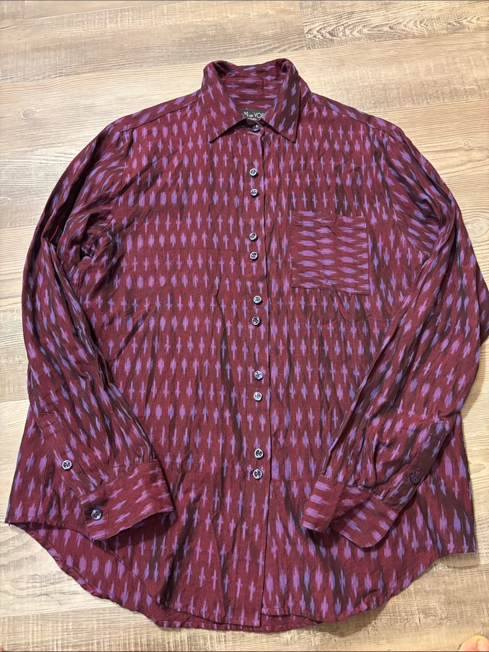 Liam of York ikat print blouse, maroon w/purple, long sleeve, cotton, size M